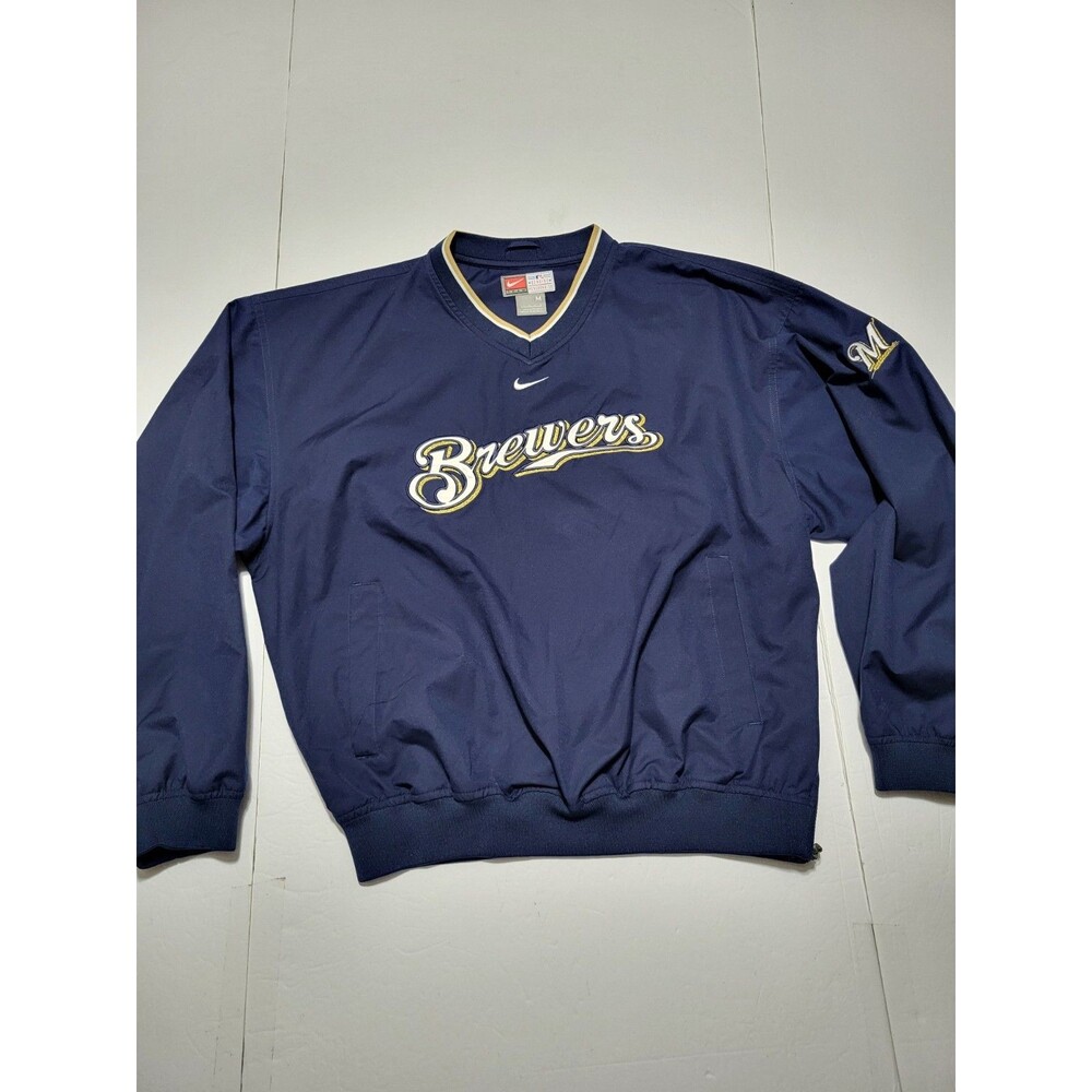 (#L6) Milwaukee Brewers V Neck Nike Team Pull Over Navy Side Zipper Size Men M